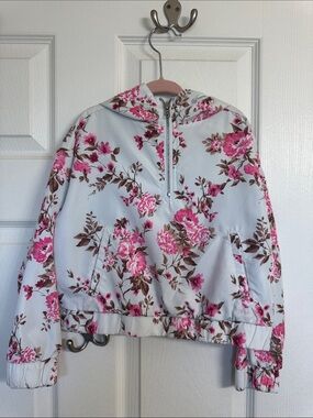 Forever 21 Pink Floral Half-Zip Hooded Windbreaker on Light Blue